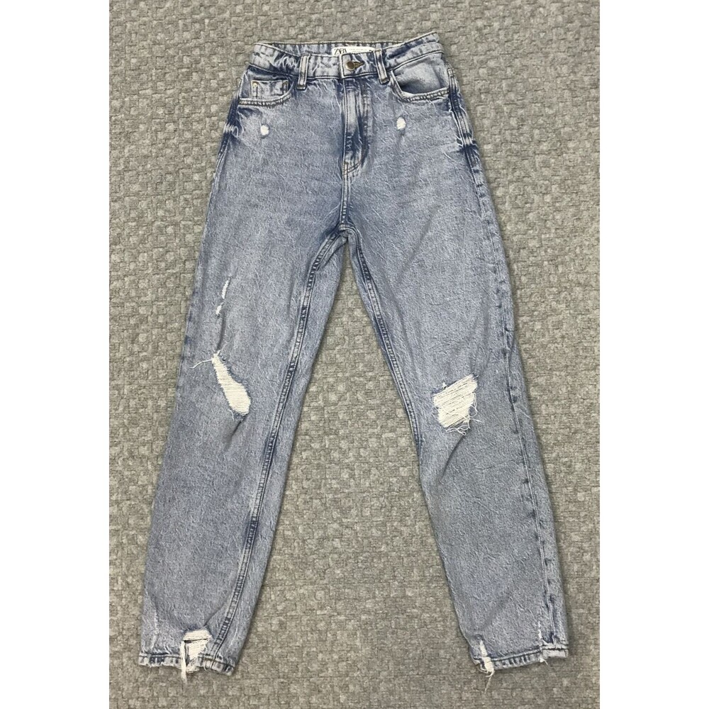 Zara Mom Jeans Womens 2 Blue Acid Wash High Rise Distressed Denim Relaxed (23W)